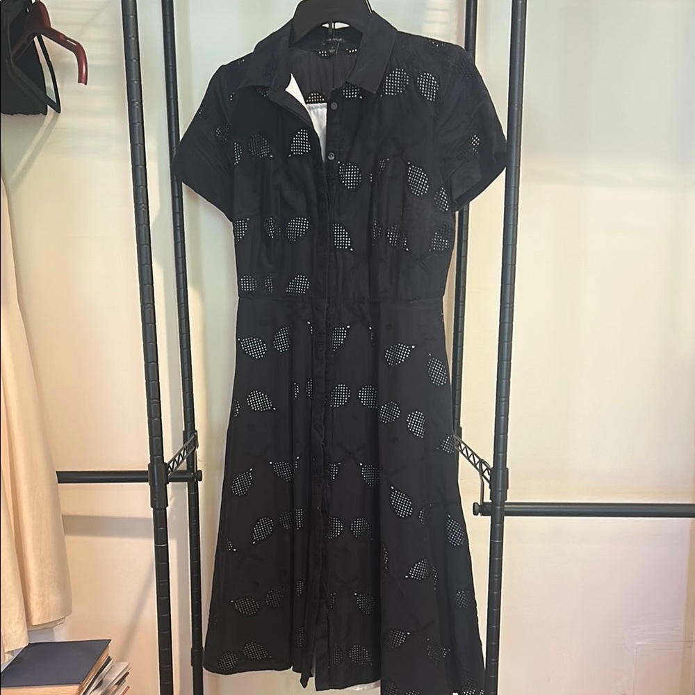 Black A-line Midi Dress with Polo Collar